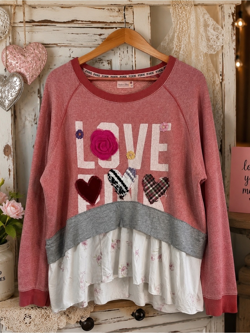 Victoria’s Secret PINK Upcycled Coquette LOVE Sweatshirt Patchwork Ruffle Top